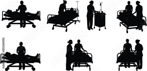 Silhouettes of medical staff caring for patients in hospital beds healthcare