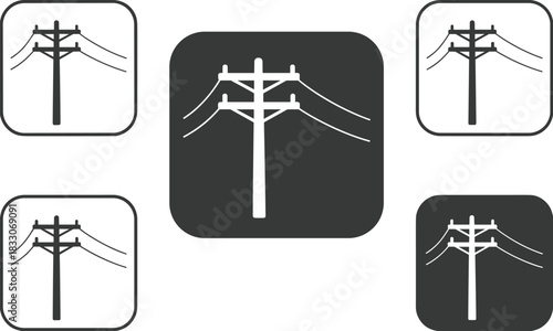 Set of five black and white icons of electricity poles with wires power pole utility pole