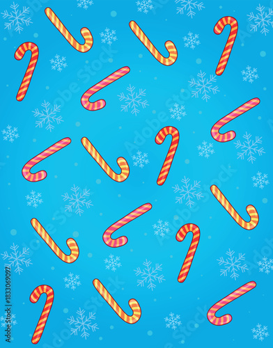 Candy cane Christmas pattern with snowflakes on blue background