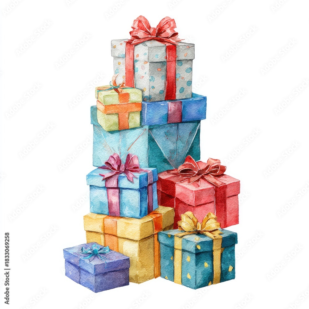 Obraz premium Colorful stack of gift boxes with ribbons isolated on white background
