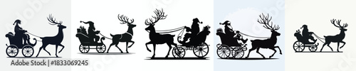 Silhouette of santa with his reindeer sleigh. Vector, minimalist, illustration, icon set.