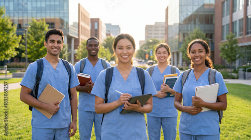 Group of diverse medical students in scrubs smiling outdoors on university campus.