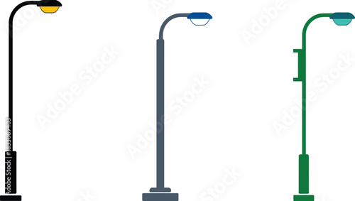 Three Stylized Street Lamps with Colored Light Tops lamppost lighting