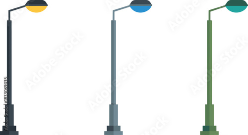 Three Modern Street Lamps with Colored Light Fixtures lamppost lighting
