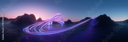 3d render. Surreal fantasy landscape under the sunset sky. Abstract panoramic background. Rocky mountains and glowing neon dynamic lines in motion.