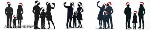 Silhouette of a family taking a photo together with Santa hats. Vector, minimalist, illustration, icon set.