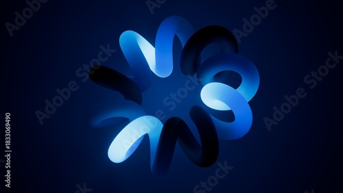 Glowing blue neon helix forms a soft circular loop on dark blue. Futuristic abstract 3D shape with smooth light transitions. Abstract 3d render illustration.