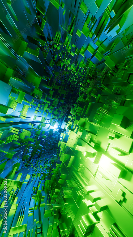 Fototapeta premium 3D abstract geometric background with metallic blocks, blue and green neon lights, and depth of field.