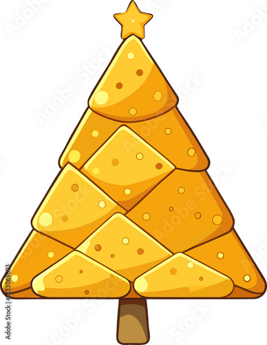 Funny Cheese Christmas Tree Cartoon Illustration Festive Holiday Snack Food Creative Concept Yellow Nacho Chip Pyramid with a Star Topper