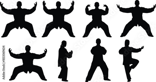 Silhouette set of people practicing martial arts or tai chi poses yoga exercise