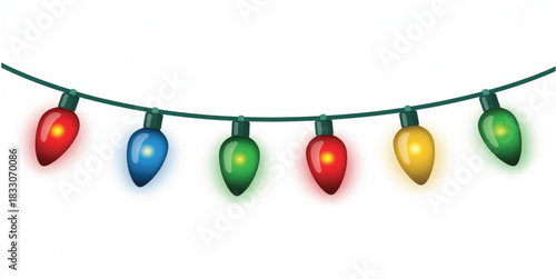Bright glowing multicolor Christmas string lights, realistic shine effect, smooth gradients, soft shadows. Seamless repeating pattern on white background, festive garland bulbs, holiday illumination d
