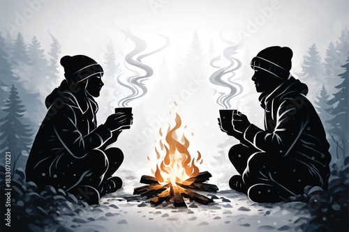 A boy and girl are warming themselves by the fire with hot tea or coffee in their hands on a winter morning covered in deep fog.