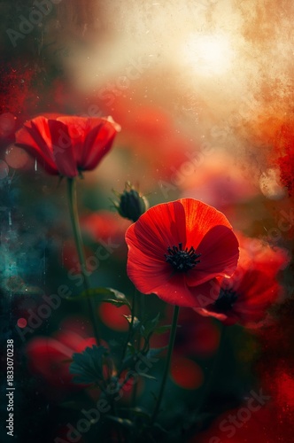 Red Poppies Bloom Under Soft Sunlight in a Vibrant Garden