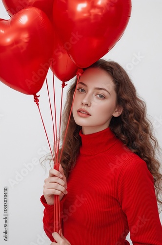 Young Woman Holding Red Heart-Shaped Balloons in a Bright Setting