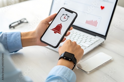 A person's hand holds a smartphone showing a red notification bell and an alarm. A smartwatch is on the wrist, with a laptop nearby.