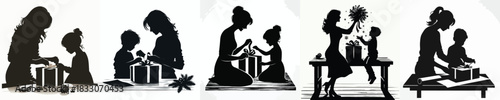 Silhouette of mother and child wrapping Christmas presents. Vector, minimalist, illustration, icon set.