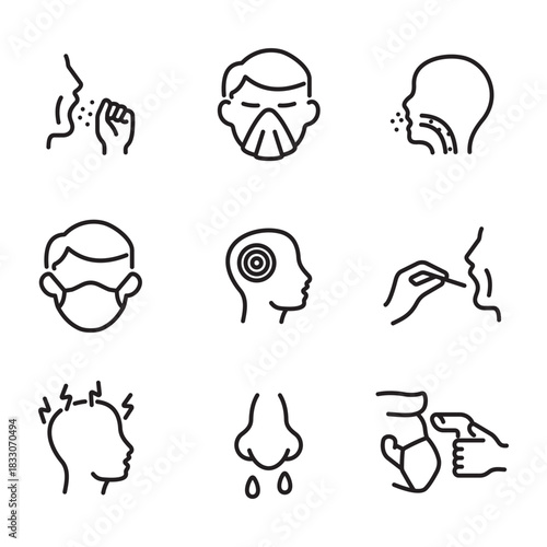 Flu icon set. Line style vectors. Contains icons such as cough, headache, and stuffy nose.