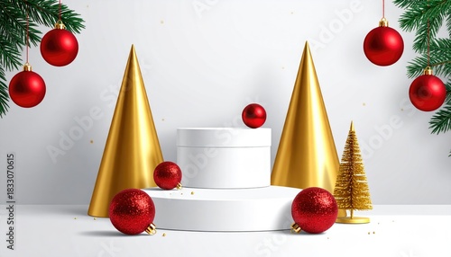 Elegant Christmas Product Display Podium with Gold Cones and Red Ornaments.