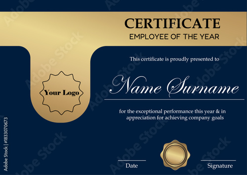 Premium recognition certificate with a gold banner and dark blue 