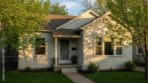 Charming Small Single-Story House with a Green Lawn and Trees in a Suburban Neighborhood