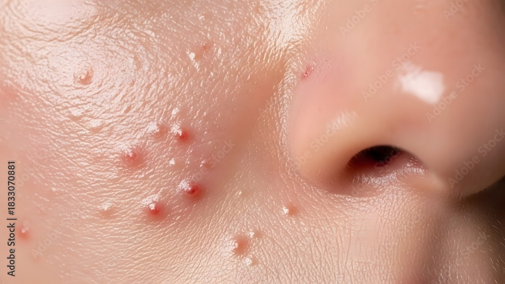 Fototapeta premium Detailed close-up showing human facial skin with numerous painful and inflamed acne pustules, indicating a common dermatological condition and skin health issue
