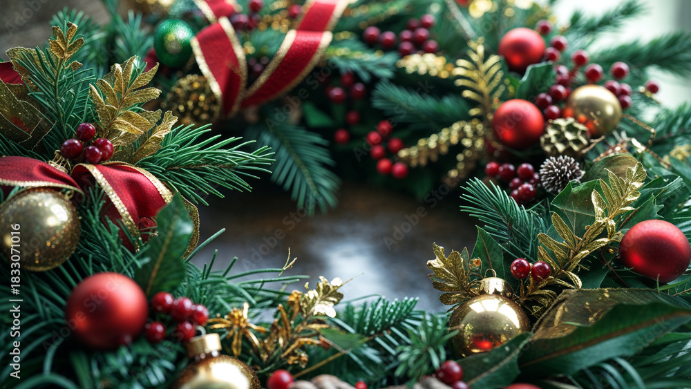 Obraz premium Festive Christmas Wreath with Red and Gold Decorations and Evergreen Branches