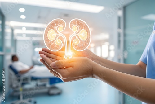 Professional hands gently hold a glowing digital representation of kidneys, emphasizing vital organ health, medical innovation, and advanced healthcare.
