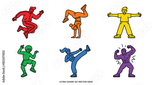 Colorful Line Art: Diverse Active People Set