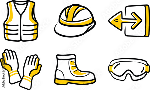 Ultimate Mega Bundle of Black and Yellow Line Art Icons: Featuring Safety & PPE Gear (Vest, Hard Hat, Boots), 3D Geometric Shapes (Cube, Sphere, Pyramid), Abstract Flowing Designs, and Minimal UI Symb