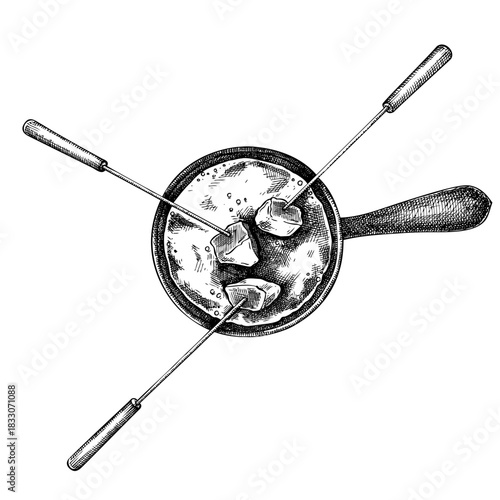 Cheese fondue pot top view sketch.⁠
