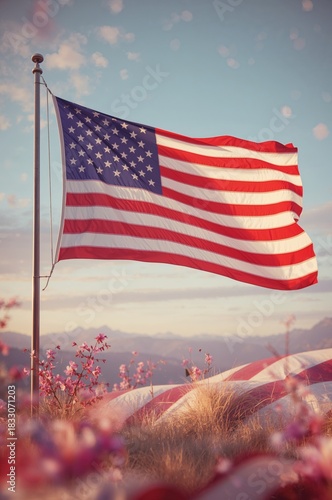 American Flag Waving in Gentle Breeze With Soft Lighting Effects