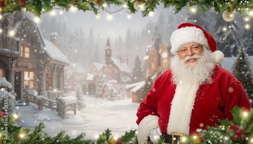 Santa Claus Smiles in a Snowy Village During the Holiday Season