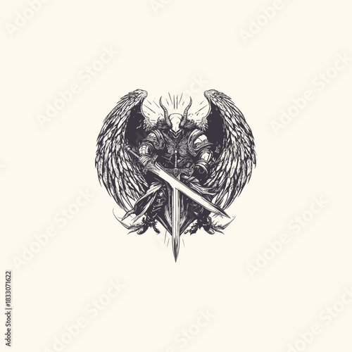 Powerful vintage engraving illustration of a fierce, horned, winged knight in full ornate armor, holding two massive swords crossed over the chest