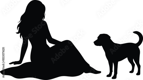 Black silhouette of a young woman sitting in a dress next to a small dog, simple flat vector drawing depicting pet companionship and relaxation on white background