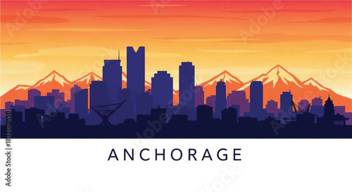 Anchorage alaska skyline at sunset with mountains