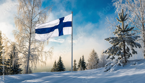 Finnish national flag proudly waving amidst a serene, snow-covered winter landscape, symbolizing national pride and resilience in the Nordic wilderness under a clear, crisp sky