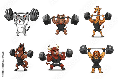 collection of six cartoon animals weightlifting including a cat dog and giraffe.