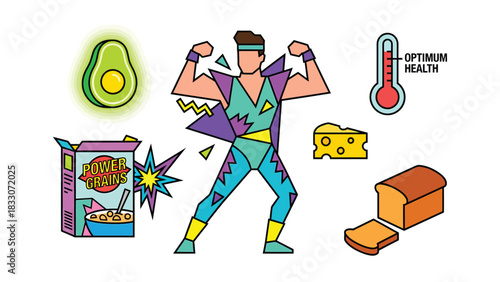 Retro Health Hero: A Colorful Diet and Fitness Illustration