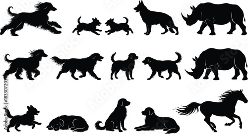 Collection of various animal silhouettes including dogs, a horse, and rhinoceros in different poses, flat vector drawing for wildlife and pet projects on white background