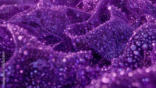 Vibrant Purple Fabric With Sparkling Droplets Captured in Close-Up During Ear...