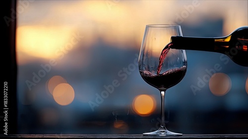 A wine glass being filled with red wine, with a blurred cityscape and bokeh lights in the background at sunset.