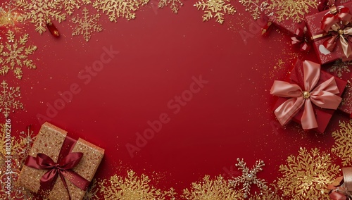 Festive Red Background With Decorated Gift Boxes and Snowflake Accents for Ho...