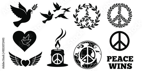 Collection of Peace Symbols and Icons Keywords: peace, symbol, dove, olive branch, heart, wings