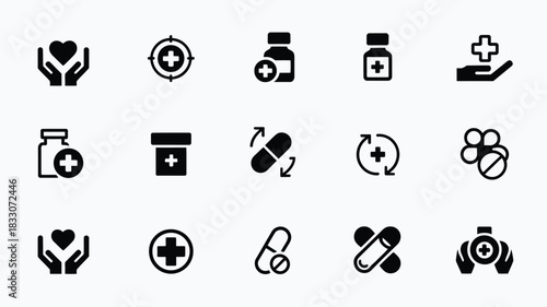 Medical and healthcare icons featuring heart symbols, pills, crosses, walking person graphics, and supportive hands, ideal for health, wellness, clinic branding, and digital care applications.