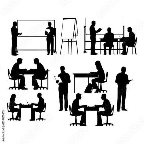 training silhouettes, people in classroom with whiteboard, corporate seminar, workshop presentation