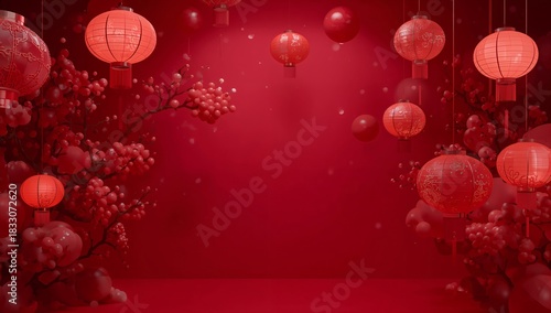 Decorative Red Lanterns Hang in a Vibrant Setting for Celebration and Festivi...
