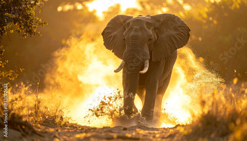 Elephants bathed in the soft golden sunlight