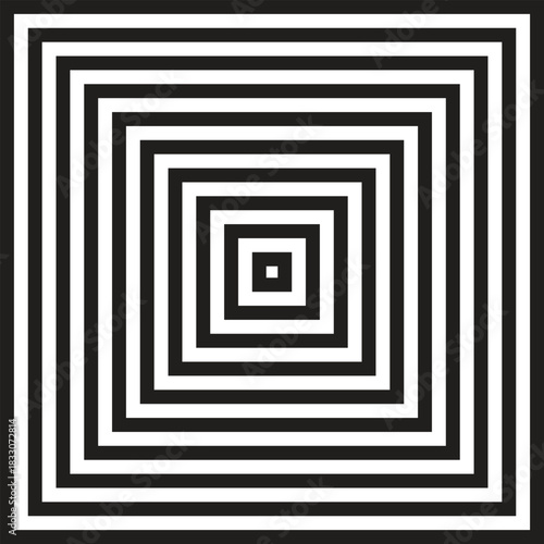A mesmerizing optical illusion featuring concentric squares in black and white, creating a captivating visual pattern that plays with depth and perception