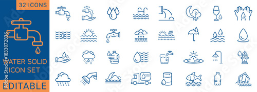 Clean minimal water and weather icon set featuring faucet, drops, plumbing, rain, swimming, hydration, ocean, flood and climate symbols. Perfect for apps, infographics etc. Fully editable stroke.