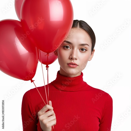 Young Woman Holding Red Heart-Shaped Balloons in a Bright Setting